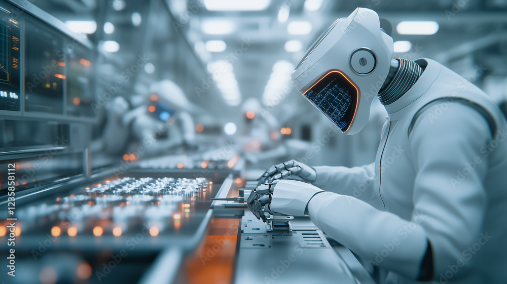 Poster robot on assembly line: a futuristic scene of a humanoid robot diligently working on a complex assem