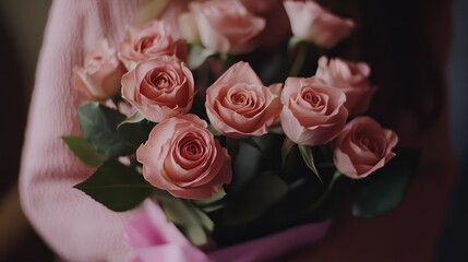 Obraz premium Beautiful Arrangement of Soft Pink Roses in Hands of a Person Wearing a Cozy Sweater with Gentle Natural Lighting and a Warm Atmosphere