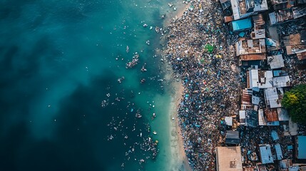 Aerial View of Coastal Pollution Plastic Waste and Urban Sprawl