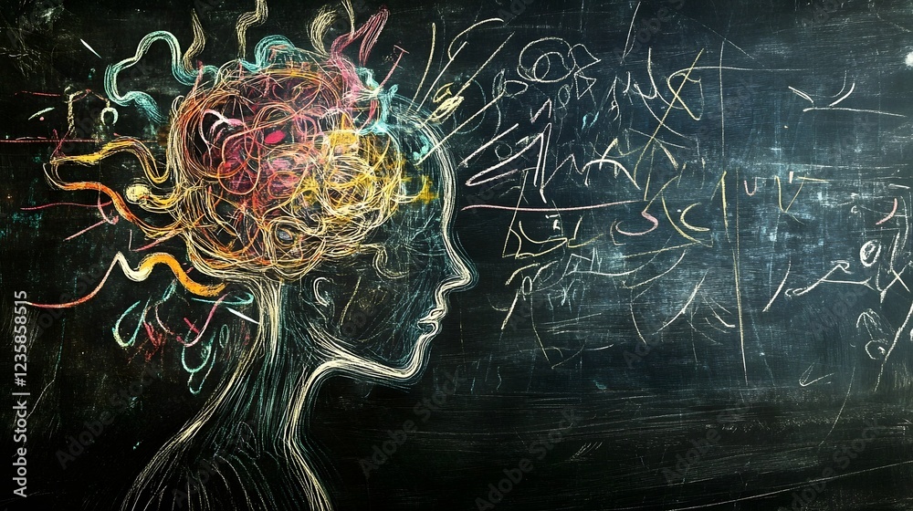 Poster Conceptual image of a mind explosion on a chalkboard representing the creative and innovative process of thinking brainstorming and problem solving  The vibrant abstract