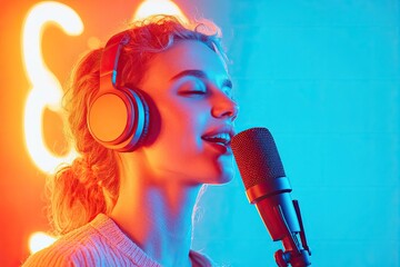 portrait of confident podcast host wearing stylish headphones and speaking into professional microphone warm studio
