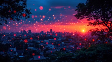 Obraz premium Sunset Cityscape Network Connection
