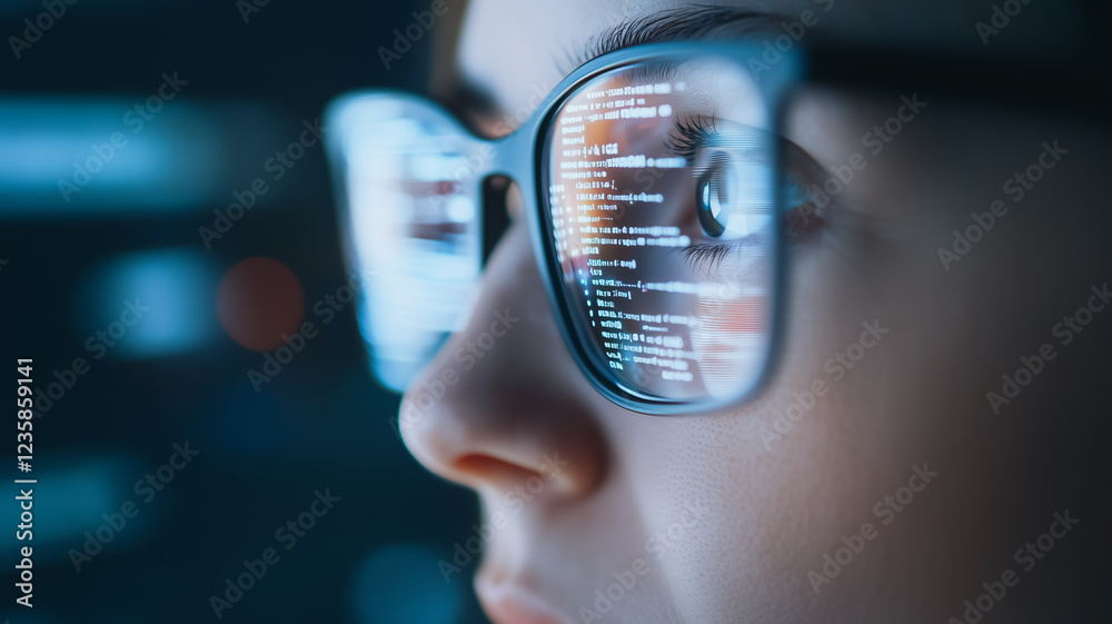 Poster code reflection: a close-up portrait of a female programmer, with her glasses reflecting lines of co