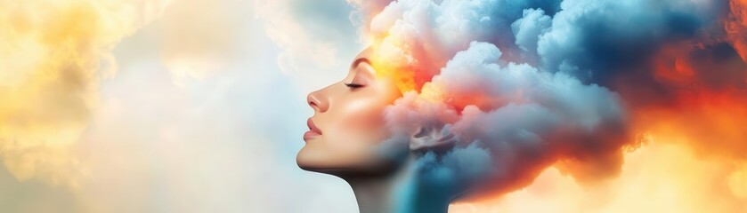 A surreal representation of creativity and inspiration, illustrated by vibrant clouds emerging from the mind. Creativity idea and vision concept.