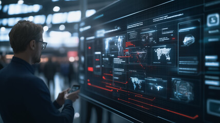 Data Analyst at Work: A focused data analyst reviews crucial information displayed on a large interactive screen, a visual representation of complex data streams and global networks.