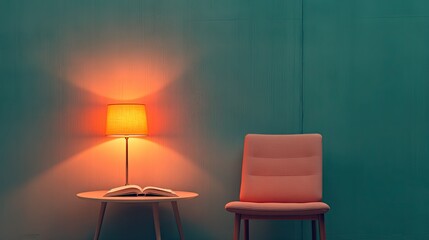 Fototapeta premium quiet library corner with warm lamp comfortable chair and open book resting on table