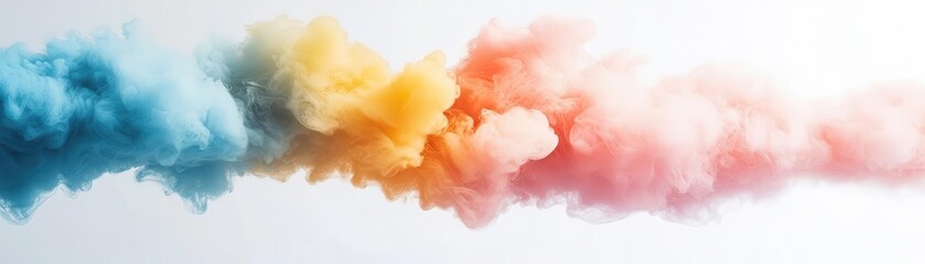 A vibrant swirl of colorful smoke clouds in blue, yellow, and pink against a white background, evoking creativity and energy. Creativity idea and vision concept.