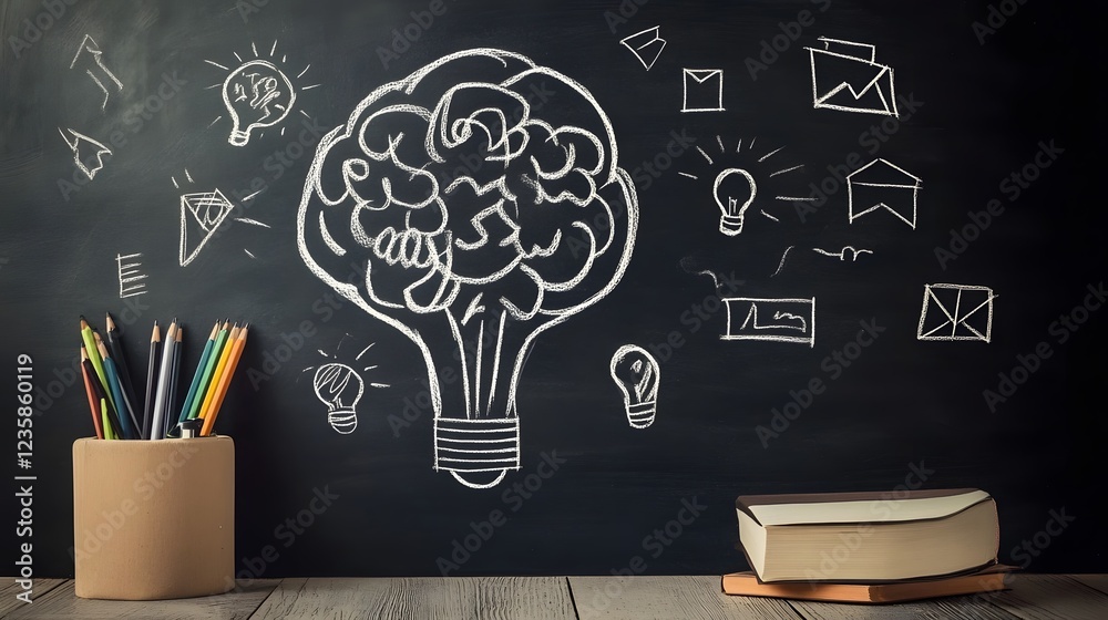 Poster creativity and learning concept illustrated on chalkboard with brain and lightbulb symbols represent