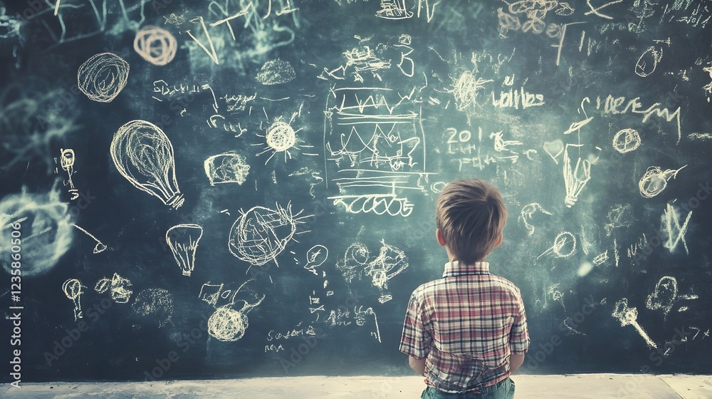 Poster Curious young student standing in front of a chalkboard filled with drawings diagrams equations and other educational concepts  The child is exploring and brainstorming ideas demonstrating creativity