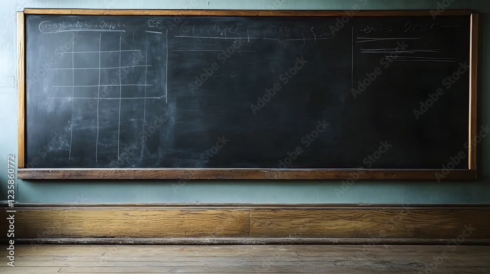 Poster dark and abandoned interior of an empty classroom with chalkboard wooden desks and chairs and minima