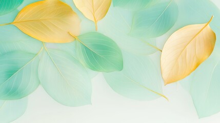 surreal abstract composition of overlapping translucent leaves in shades of green and gold their forms blending into