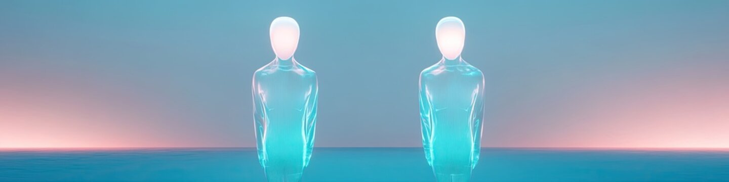 surreal minimalist depiction of cloning featuring two identical floating translucent figures slightly distorted by