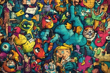 A Colorful Puzzle Featuring Cartoon Characters And Animals