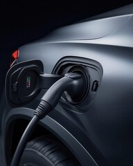 Close-up view of an electric vehicle charging connection, symbolizing the future of sustainable transportation. Parking and charger ev car concept.