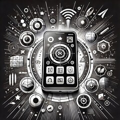 Obraz premium Smartphone vector illustration with icons and futuristic elements in black and white. 