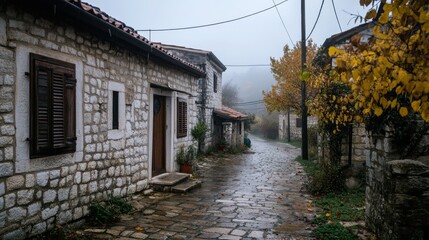 A misty autumn morning in a Croatian village, where historic stone buildings with wooden doors and window shutters stand silently along a narrow street. 