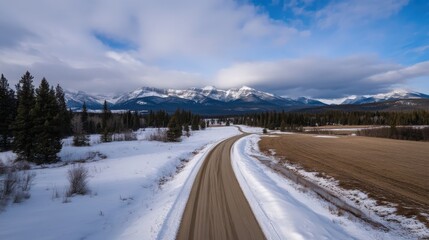 A peaceful countryside road winding through a dense pine forest in winter. 