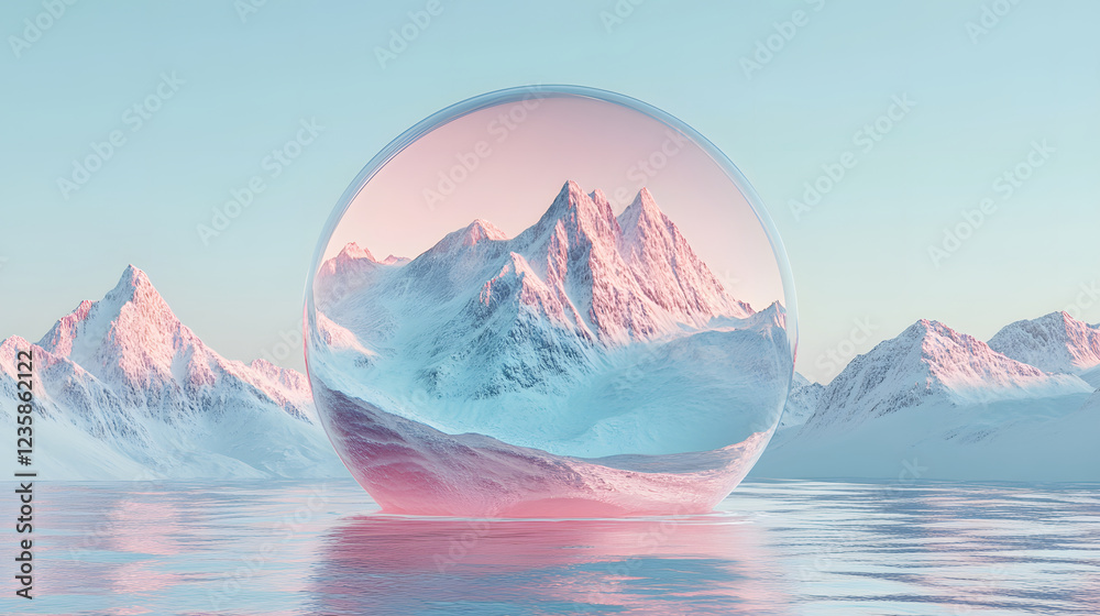 Poster a serene snow-capped mountain landscape encapsulated in a translucent globe, reflecting pastel hues 