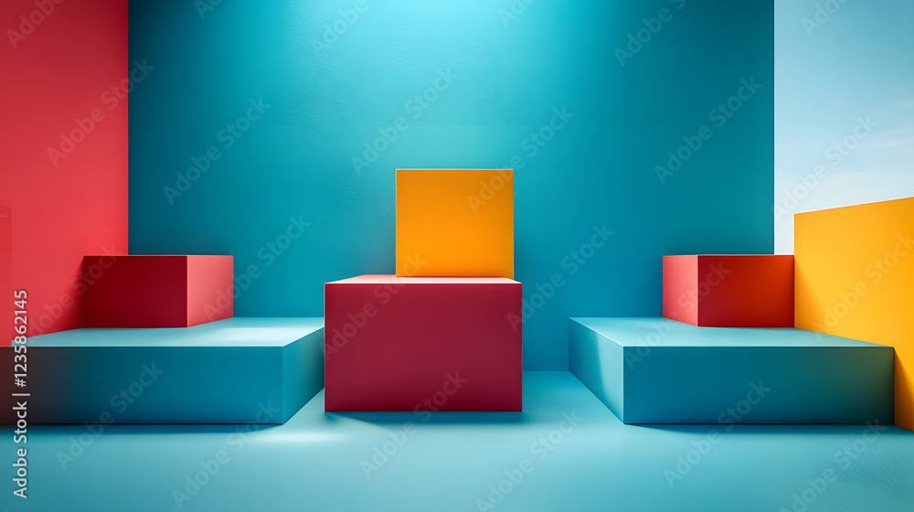 Poster a vibrant interior featuring geometric shapes in bold colors against a contrasting backdrop, creatin