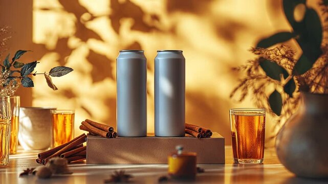 Two unmarked beverage cans on a wooden stand surrounded by autumn decor