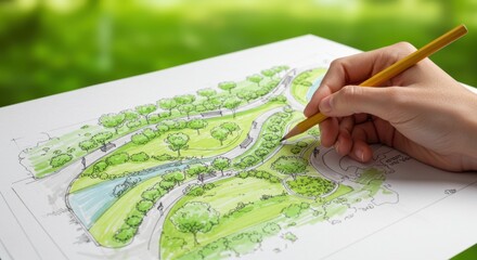 Detailed landscape design sketch being created in a lush green park setting