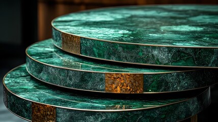 Elegant stacked green marble tables with gold accents, showcasing luxurious design and modern aesthetics for upscale interiors.