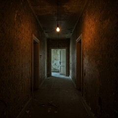 A dark, empty hallway with peeling wallpaper and a single, flickering lightbulb. A door at the end creaks open slightly.
