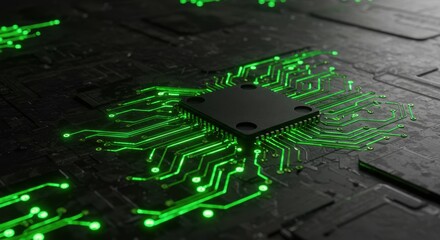 Close-up of a black microchip surrounded by glowing green circuit patterns