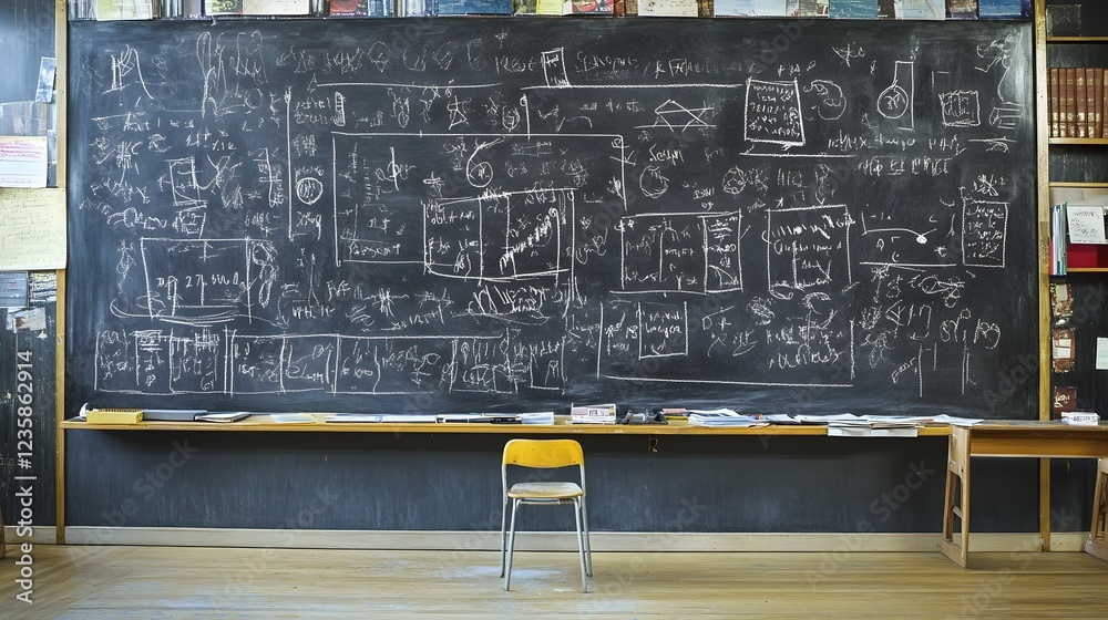 Aufkleber Detailed chalkboard covered in educational formulas diagrams sketches and doodles in a classroom or lecture hall setting  The chalkboard represents a creative academic environment focused on learning