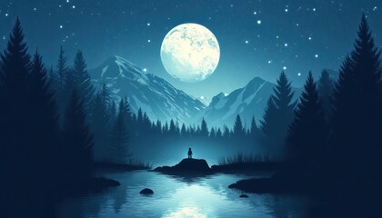 Solitary Figure Gazing at Majestic Moonlit Mountainscape