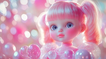 39.A creative 3D rendering of a doll logo designed with a high-gloss, candy-pink finish. The...