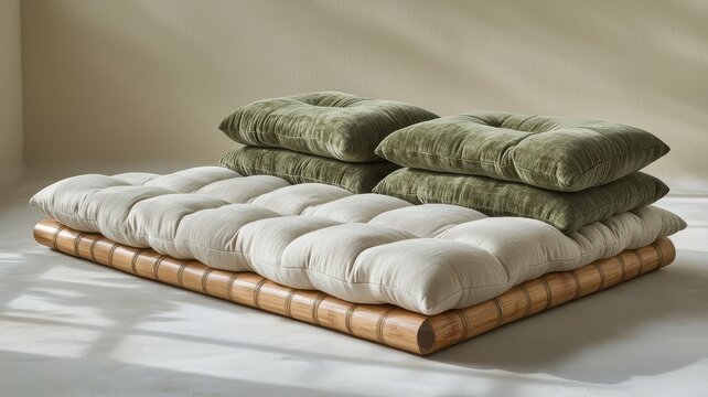 Stylish minimalist bedding set featuring plush green and cream cushions on a natural wooden base, perfect for modern home decor and relaxation.