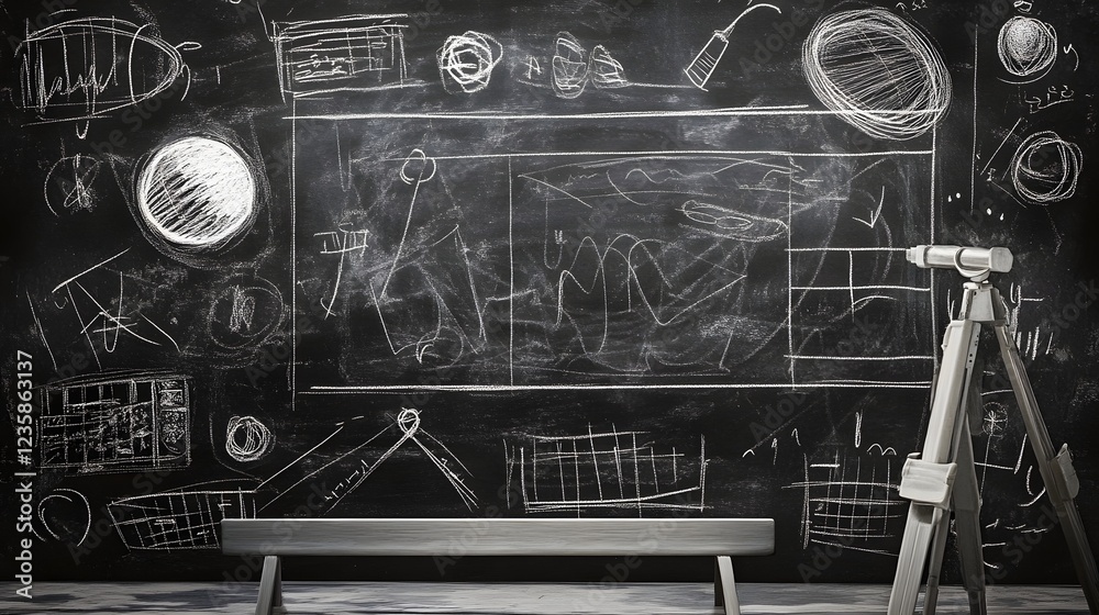 Fototapete Detailed chalkboard with various scientific diagrams sketches and technical blueprints showcasing STEM education teaching concepts and academic problem solving  The board is filled with formulas
