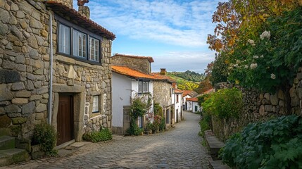Obraz premium A picturesque cobblestone street lined with charming stone houses and vibrant greenery.