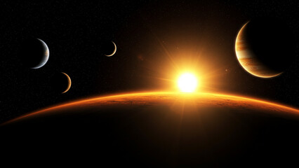 A dawn scene illuminating a cluster of planets in the cosmos