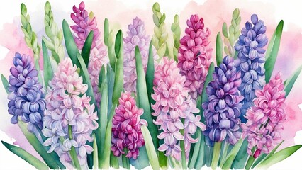 Fototapeta premium Watercolor hyacinth flower background in pink, purple, and blue tones
