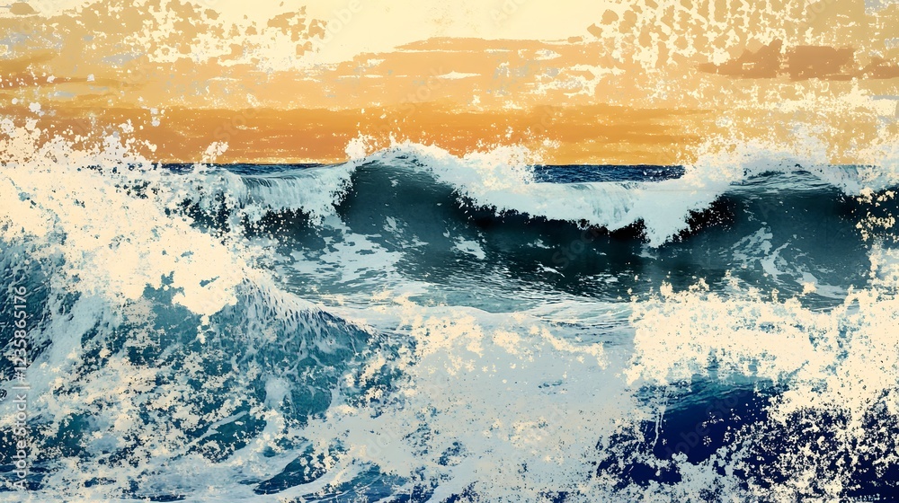 Poster Dramatic Crashing Ocean Waves at Sunset Casting Mesmerizing Spray and Foam