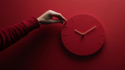 23.A modern and stylish composition of a red wall clock with a person's hand gently setting the time. The monochromatic red background creates a dynamic visual, highlighting the interplay between the