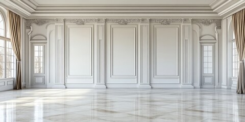 Fototapeta premium Elegant minimalist white luxury interior. Refined and traditional architecture with sophisticated, ornate details. Bright and airy space, ideal for serene aesthetics grand designs.