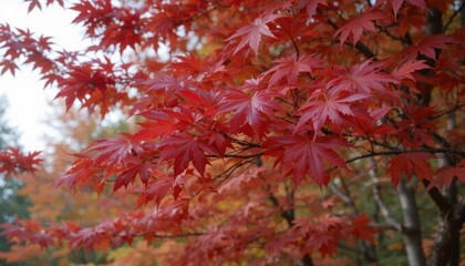 Maple leaves turning crimson in late October