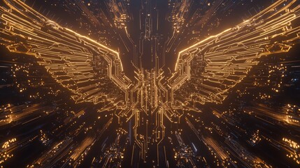 Oversized circuit patterns shaped like abstract wings in glowing design