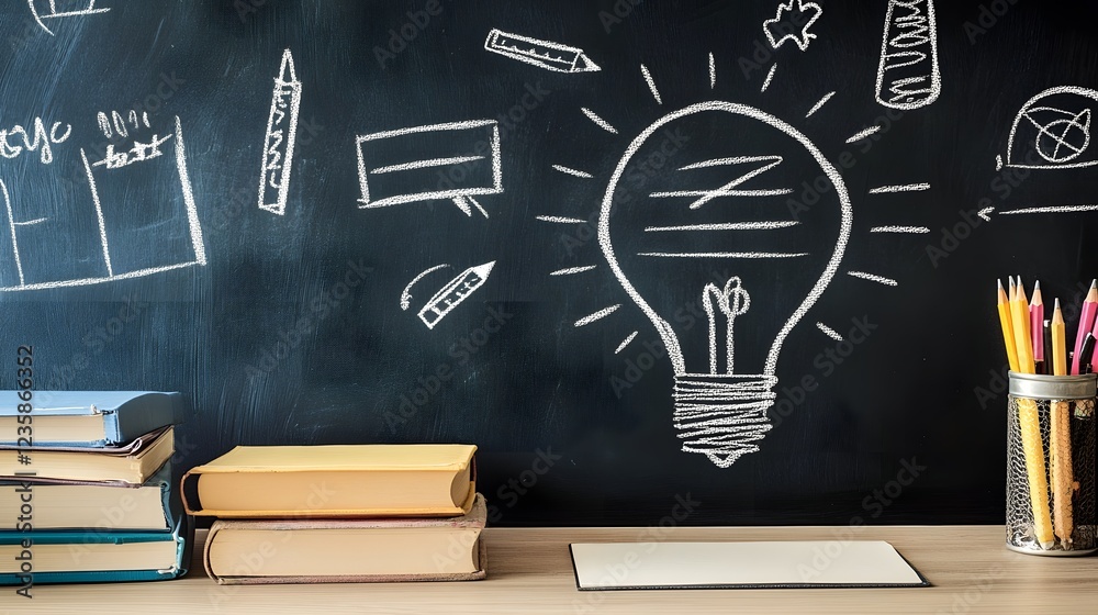 Poster Educational and Learning Concept Featuring a Chalkboard with a Drawn Lightbulb Symbol and Various School Supplies Such as Books Pencils and Stationery Suggesting Ideas Innovation and Academic Success