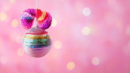 87.A rainbow-colored scrunchy with vibrant LGBT colors wraps around a small, sparkling silver disco ball hanging from a thread. The disco ball shines brightly, reflecting light against the soft pink