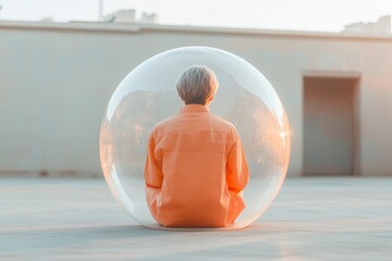 metaphorical representation of person sitting inside transparent sphere showing feeling of isolation before therapy