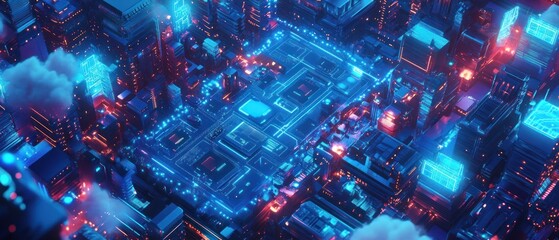 Obraz premium Neon city, futuristic, digital view, with clouds, for technological or design projects