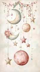 Whimsical celestial design featuring moons, stars, and floral elements in soft pastel colors. Perfect for nursery decor or dreamy illustrations