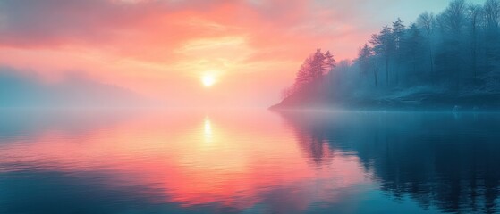 Obraz premium Serene sunrise reflection over calm lake nature tranquil environment aesthetic view