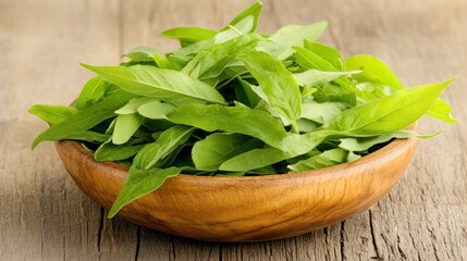 Fresh basil leaves in wooden bowl on rustic table, culinary herb