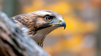 Obraz premium Hawk perched on branch, autumn forest background, wildlife photography