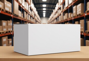 Blank white package box mockup template isolated on blurred warehouse background